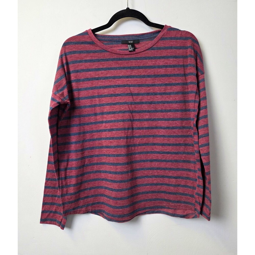 Forever21 Women's Burgundy Blue Striped Knit Long Sleeve  T-Shirt Size M